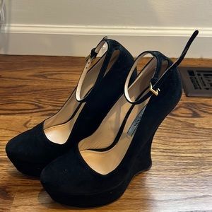Prada black suede ankle strap wedge. Size 38.5